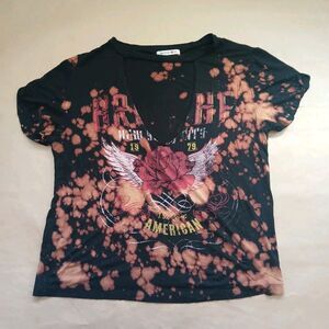 Better Be T-Shirt Top Women's M Black Deep V-Neck Short Sleeves Rose Sexy Rock